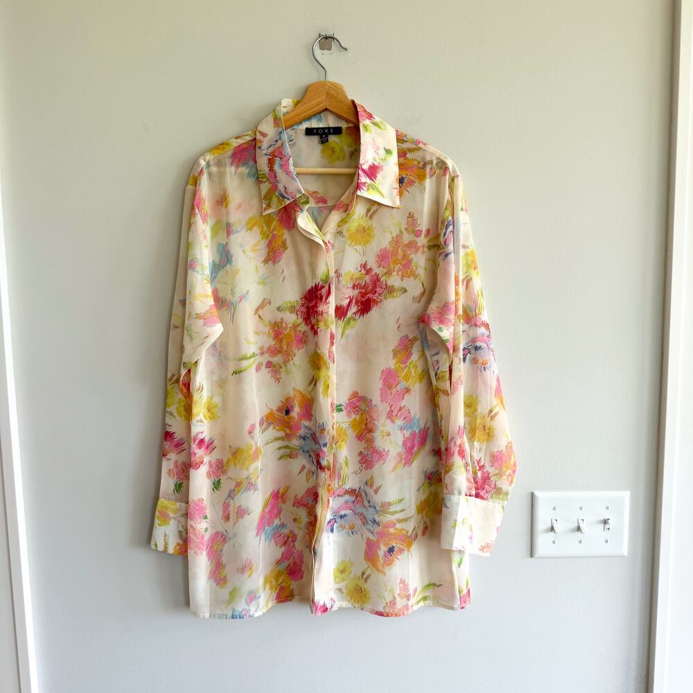 Fore Floral Semi-Sheer Long Sleeve Collared Button Up Shirt Cream Pink M